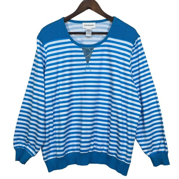 C.D. Daniels Pullover Sweater Women Size 2X Blue Stripe Studded‎ Cotton Blend - Picture 1 of 11